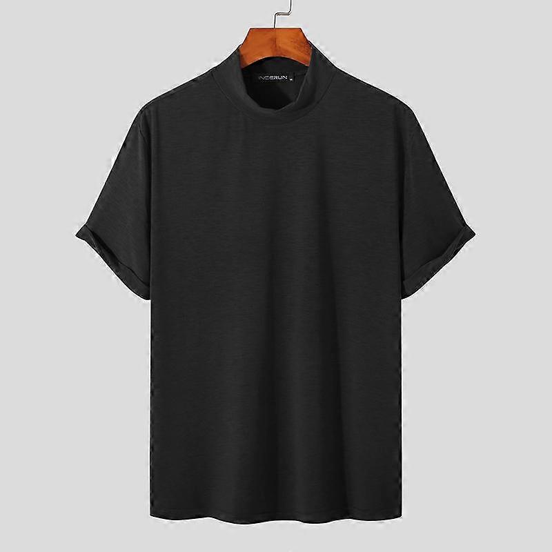 INCERUN Summer Men High Neck Short Sleeve Basics T Shirts Slim Fit Solid Color Comfy Casual Loose Undershirts Tee Tops Plus Size