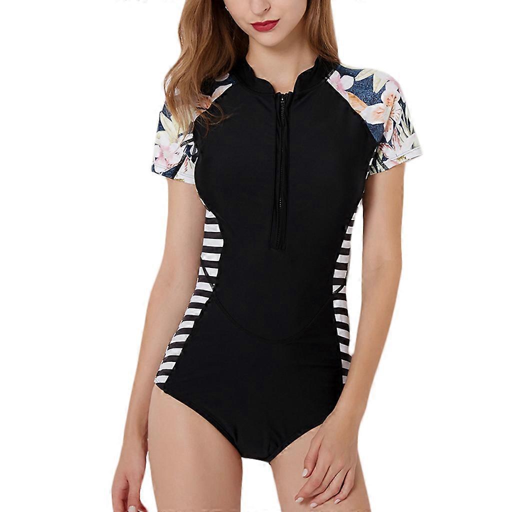 Womens Plus Size One Piece Rashguard Turtleneck Zip Front Padded Surfing Swimsui Black S