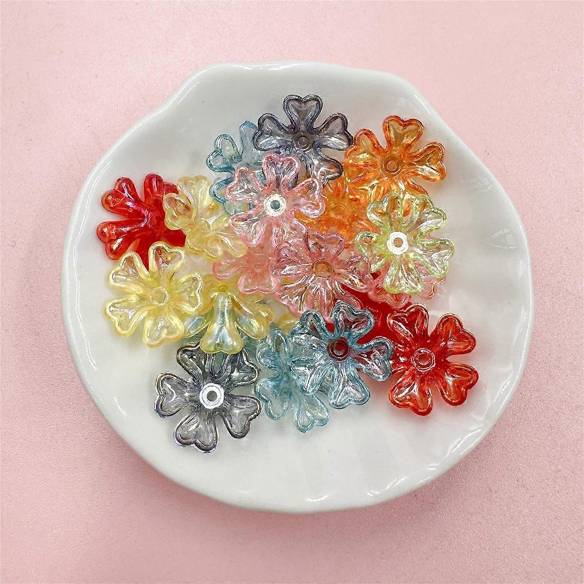 100Pcs Multicolor With Hole Flower Bracelet Neacklce Pendant Transparent 5-petal Receptacle Beads For Jewelry Making Acrylic Crafted Handmade