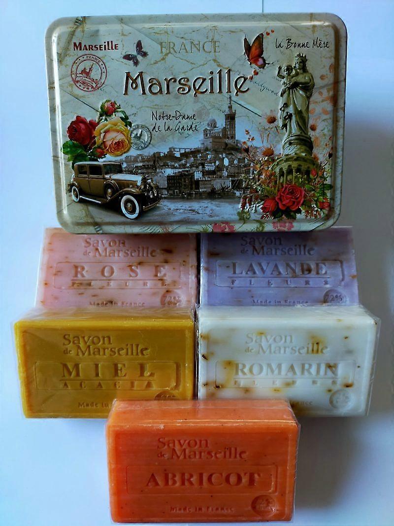 Metal soap tin with print Marseille with 5 soaps in the scents lavender, rose, honey, rosemary and