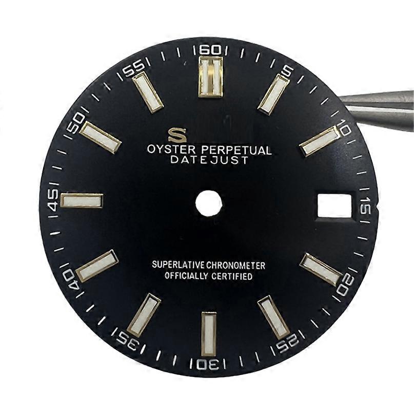 28.5MM Watch Dial for NH35/36/4R/7S Movement Full-point Numerals Scale Studs Green Luminous Accessories (Black Face Gold Studs)