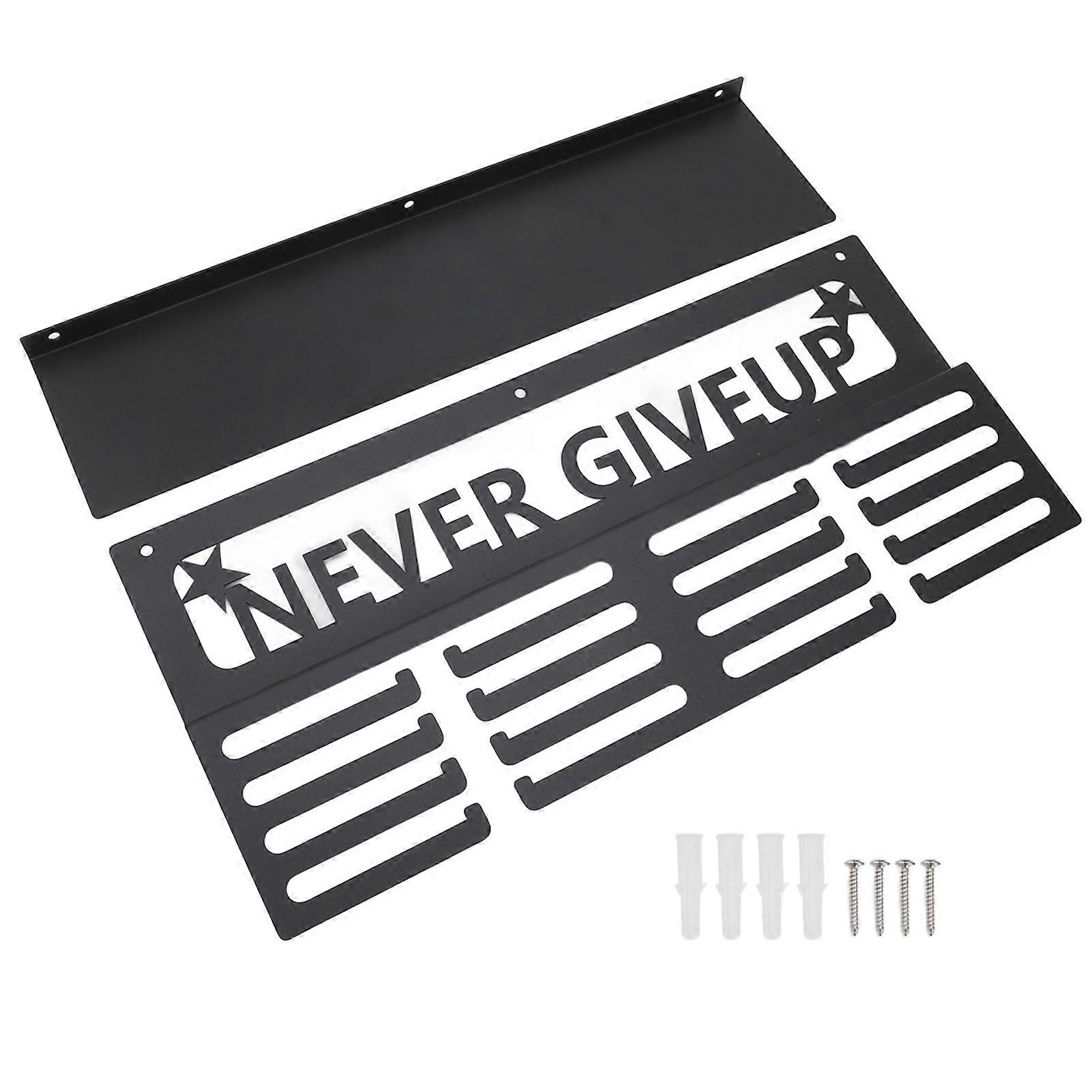 Innovative and versatile metal wall mounted medal display with trophy shelf for runners, black