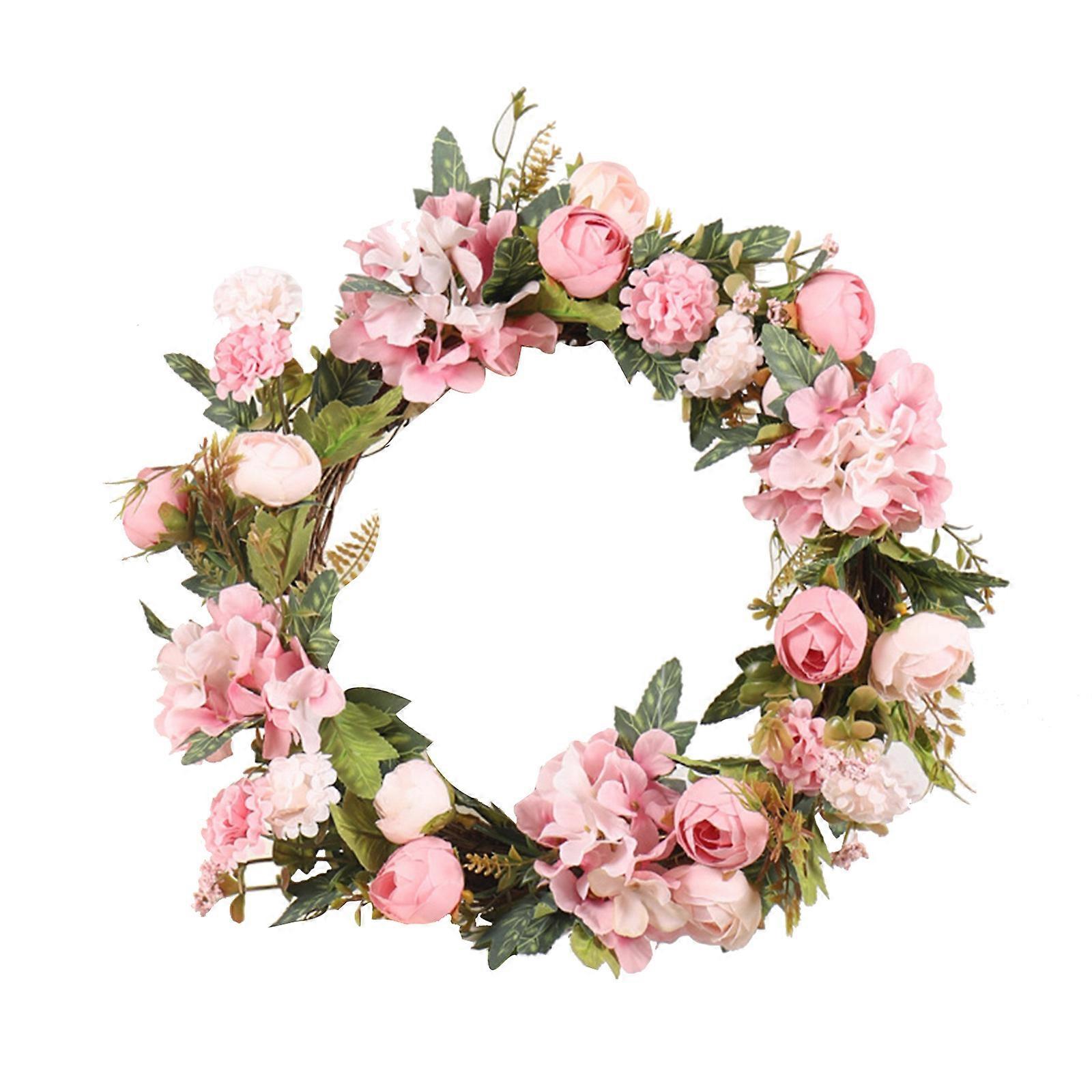 15.7" Artificial Rose Wreath Front Door Decoration 40cm Wreath with Hydrangea & Green Leaves Summer Wreath for Wall  Pink