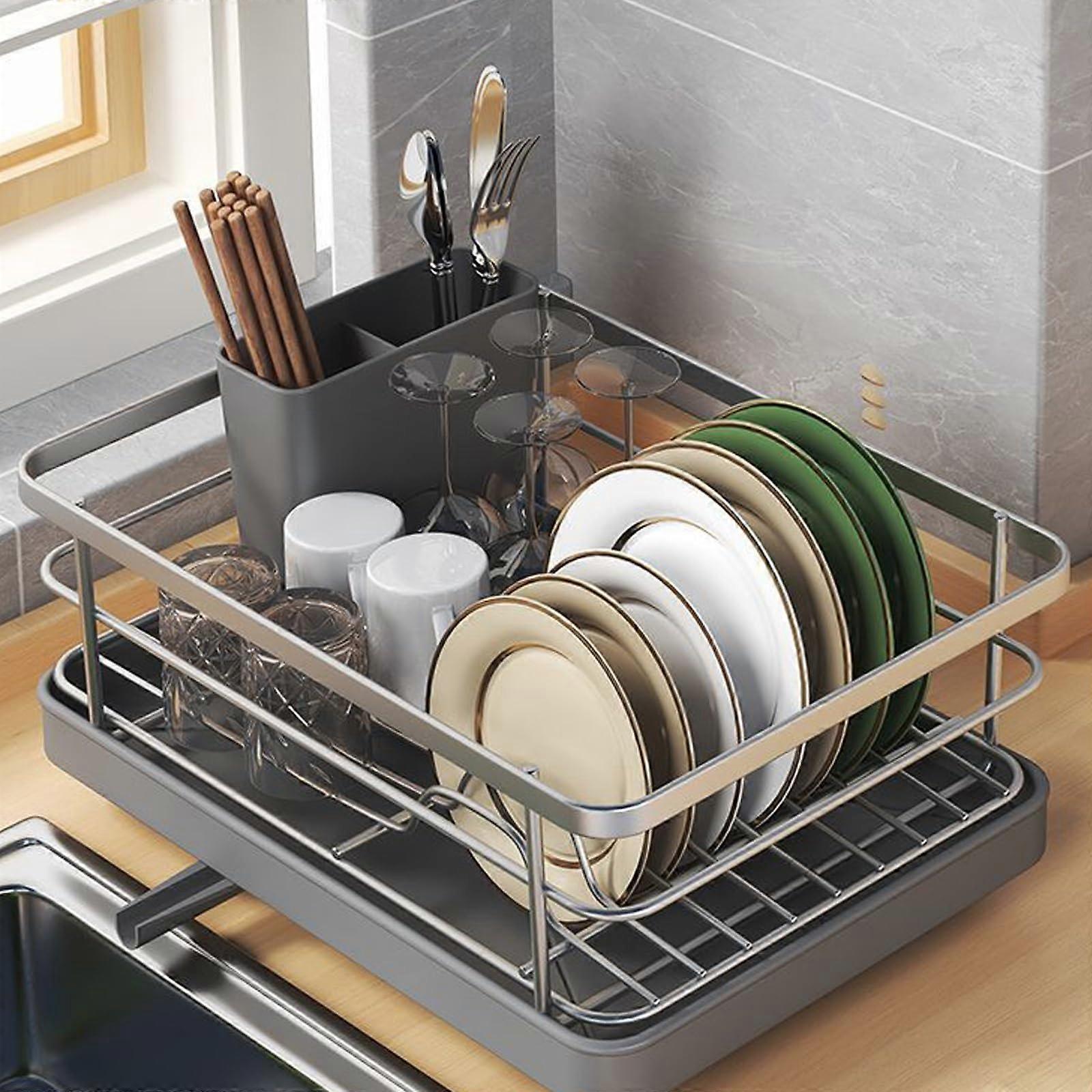 Dish Drying Rack, Large Capacity Anti-Rust Dish Strainer Rack with Drainboard Set, Gray Utensil Holder for Kitchen Counter