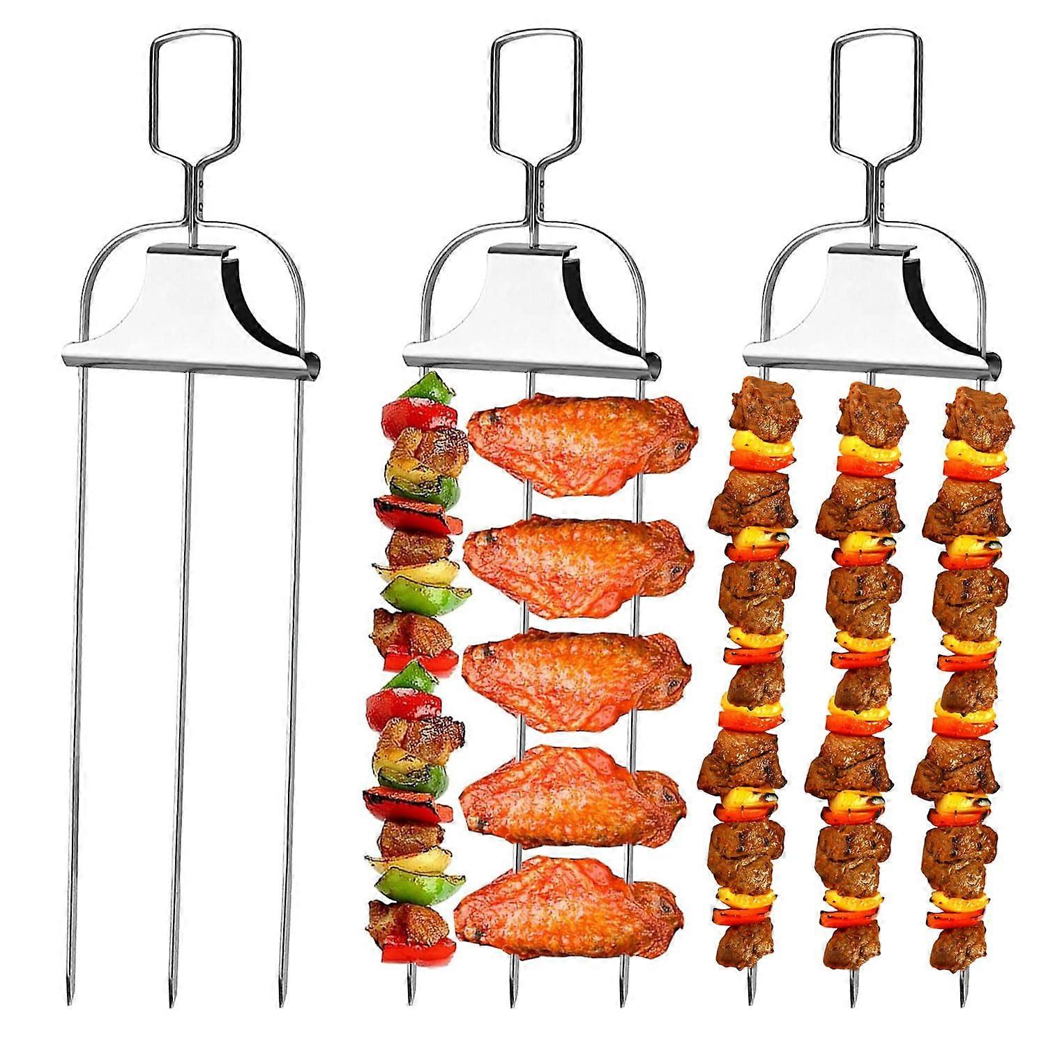 BBQ Skewers for Grilling 14 Inch, 3-Piece Stainless Steel Kabob Skewers with Push Bar for Meat, Veggies, and Shrimp