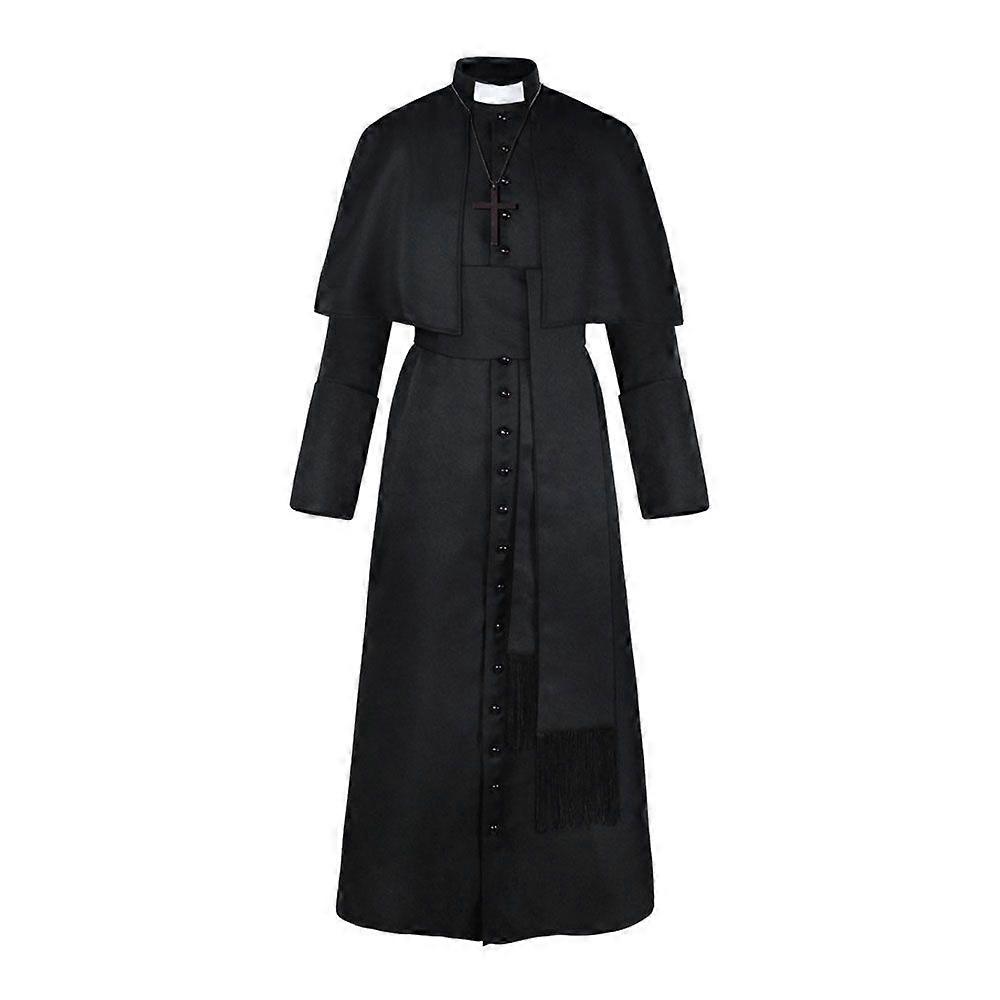 Long red priest gown with capelet and cross necklace Men's Cardinal Robe Costume | Men's Summer Shorts