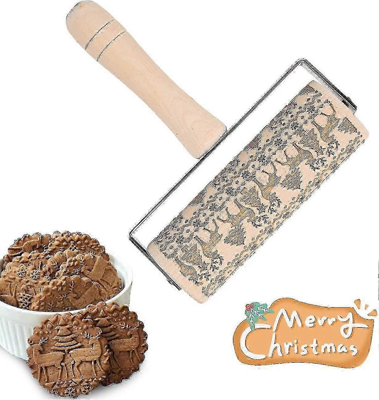 Christmas Wooden Rolling Pin for Baking Embossed Cookies, 3D Pattern