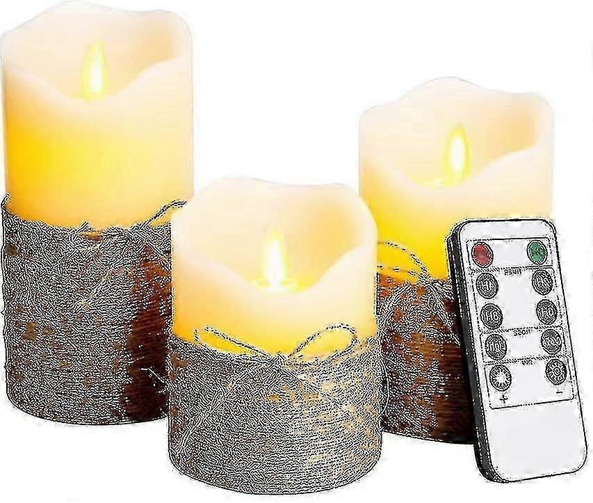 Set Of 3 Hemp Rope Led Flameless Candles Battery Operated With Remote Control Real Wax Flickering Mo