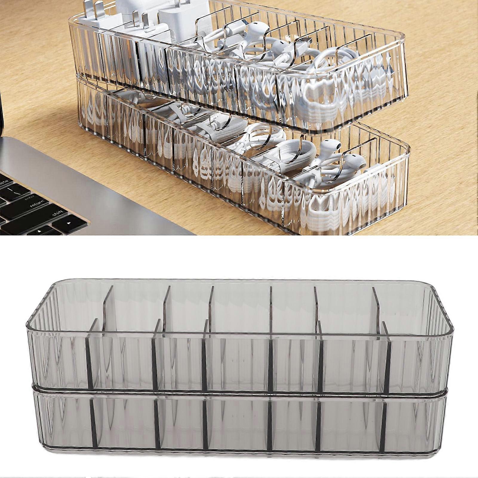 Data Cable Storage Box Multi Compartment Clear Stackable Remote Control Cord Charger Organizer for Office Set of 2 