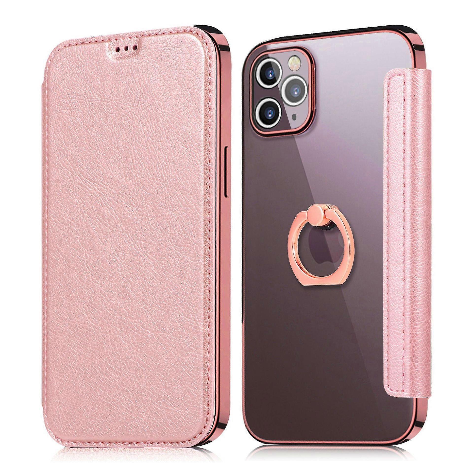 Case For Iphone 13mini 5.4 Rose Gold Ring Electroplating Transparent Pu Card Insert Leather