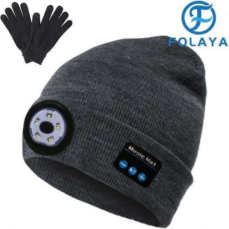 FOLAYA Beanie Hat with Bluetooth LED Headlamp - Ultra Bright Hands-Free USB Rechargeable for Winter + Gloves