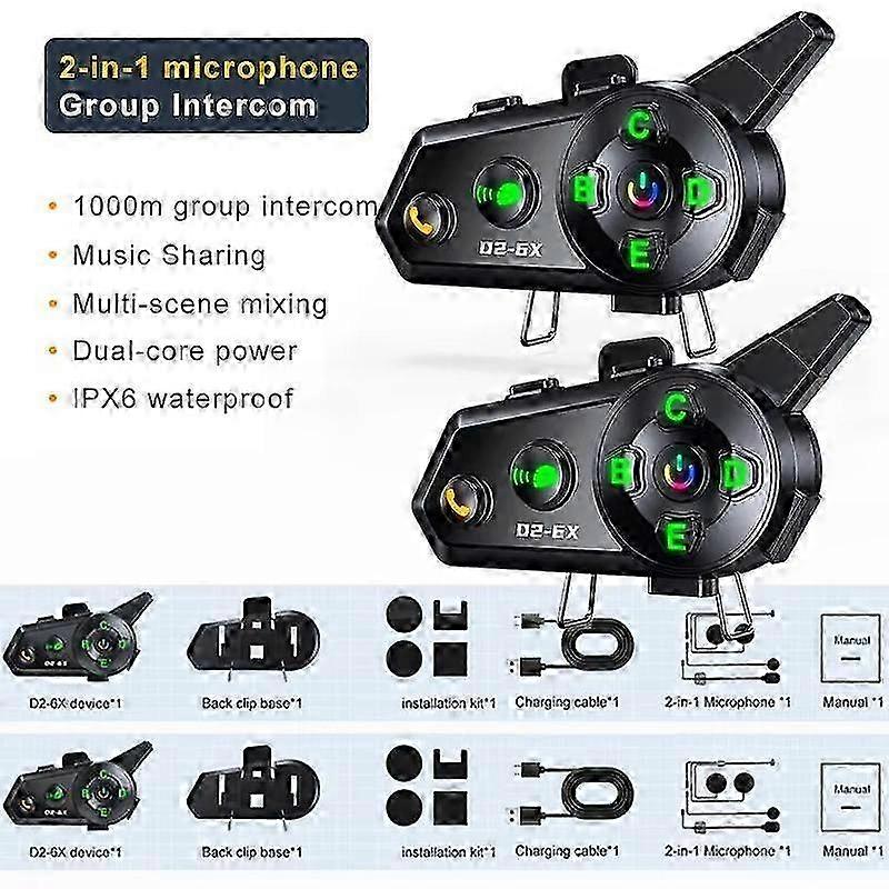 Wireless Intercom Headset for Motorcycle with Music Share, 1000M Range, Waterproof, Suitable for 6 Riders