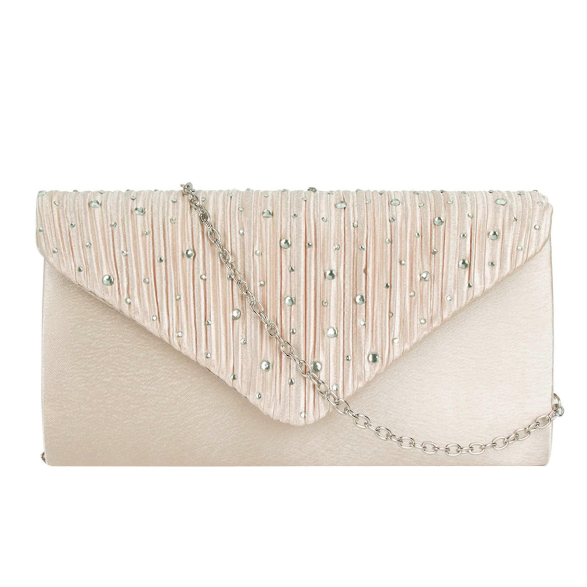 Women's Glitter Clutch Bag in Beige Satin with Rhinestones and Removable Chain for Wedding, Prom, and Party Events