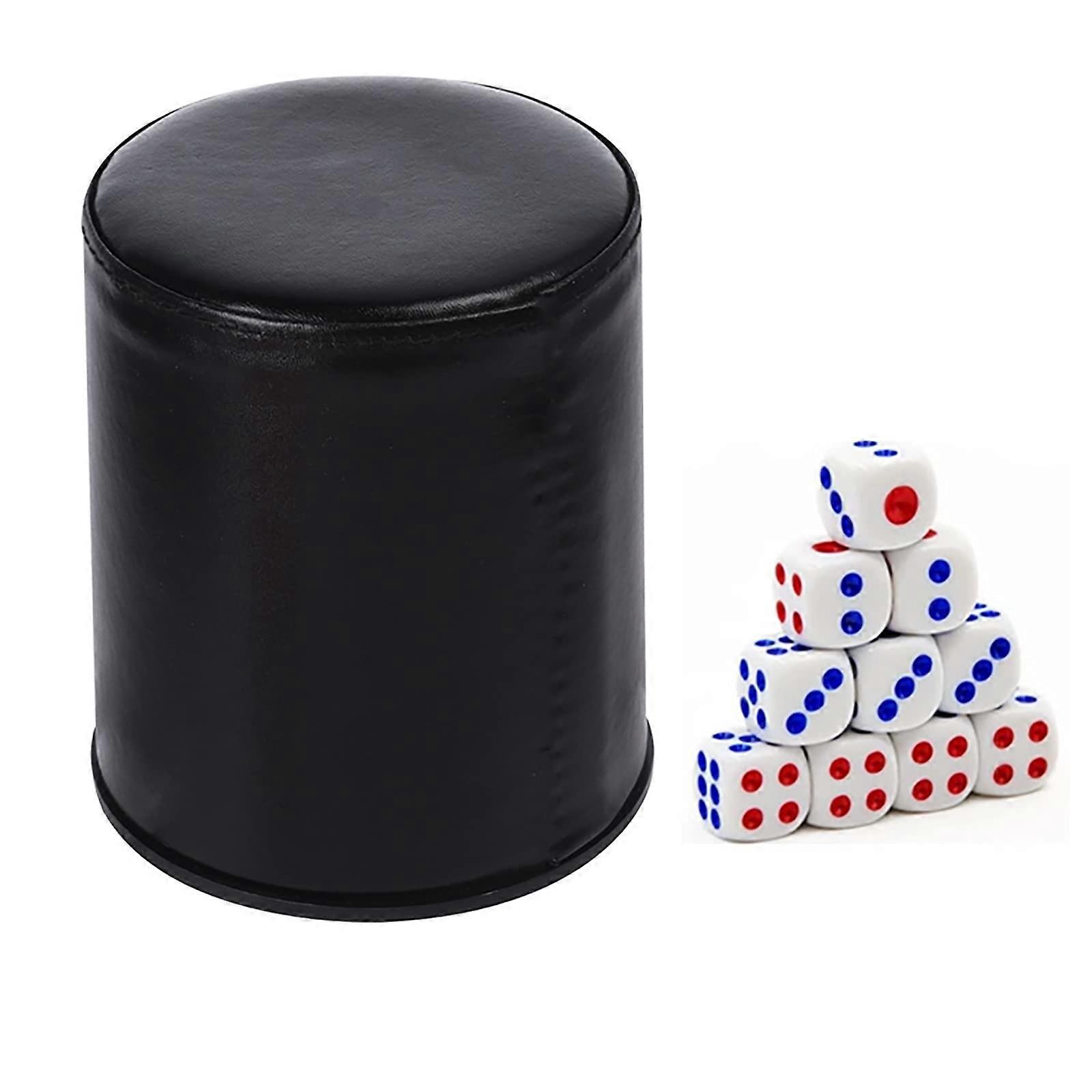 Dice Cup Set Casino Theme with Black Leather and Plastic Shakers, Includes 10 Dice Pieces for Table Games