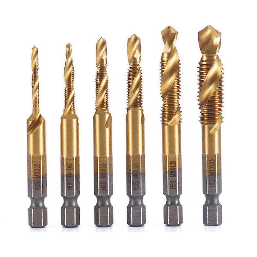 6-Piece Spiral Flute Tap Set, HSS Machine Taps, Hex Shank Countersink Tools, Gold Coated, Metric Sizes