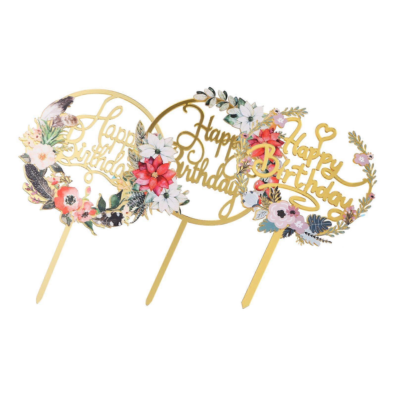 フローラルケーキトッパー3個クリエイティブ誕生日パーティーデコレーションケーキピックアソートカラー