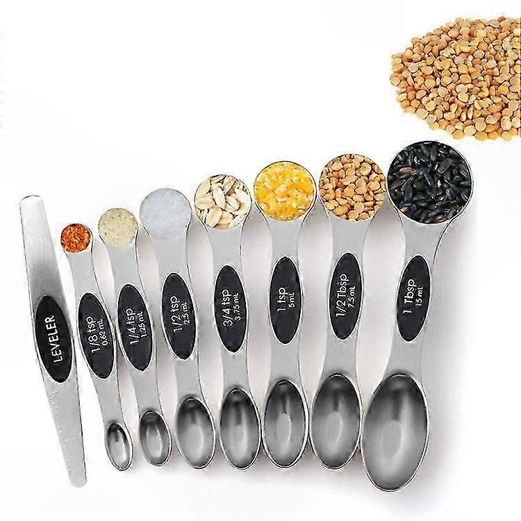 Magnetic Stainless Steel Measuring Spoons Set - 8 Pieces with Leveler, Double-Sided for Spice Jars, Easy to Use and Clean