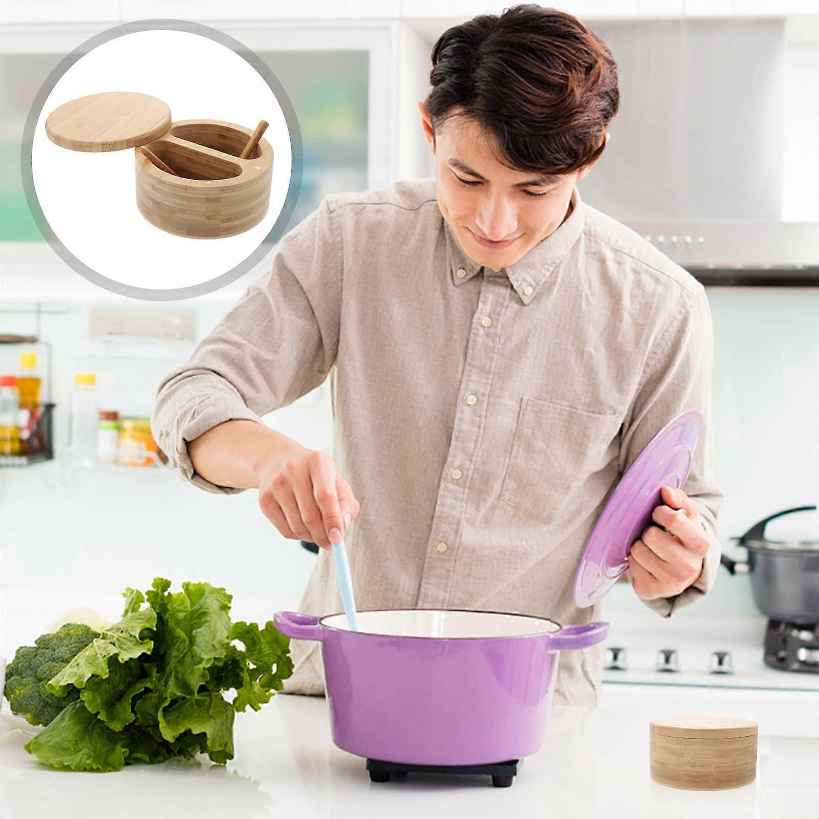 Salt Container With Lid And 1 Set Two Compartment Design Beige Bamboo Material For Home Use And Restaurant Use