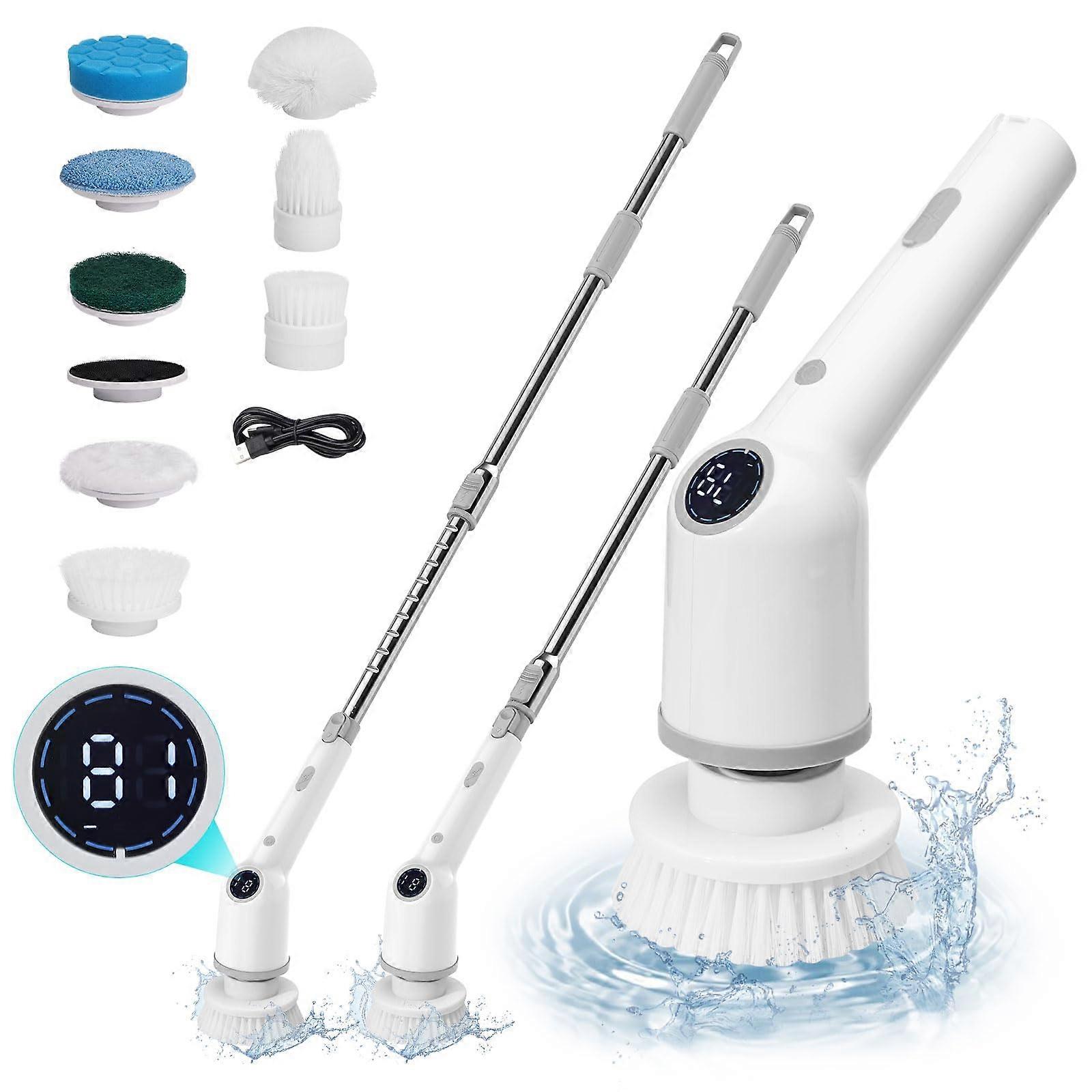 Electric Cleaning Brush Cordless Spin Scrubber with 9 Drill Brush Heads, Adjustable Handle and LED Display for Bathroom and Tile Floor