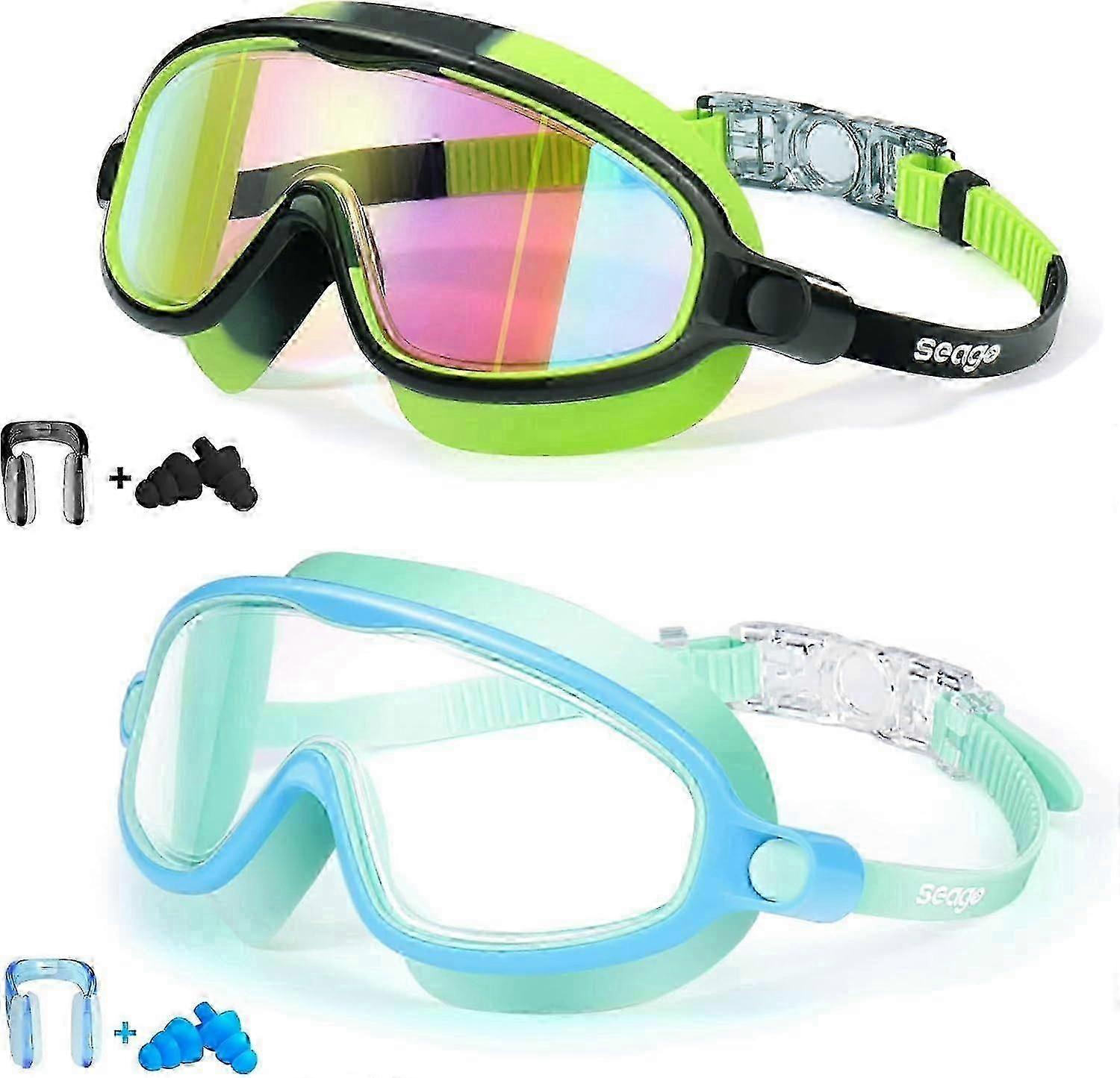Swim Goggles 2 Pack Anti-Fog Anti-UV Wide View Swimming Goggles for Kids 3-14