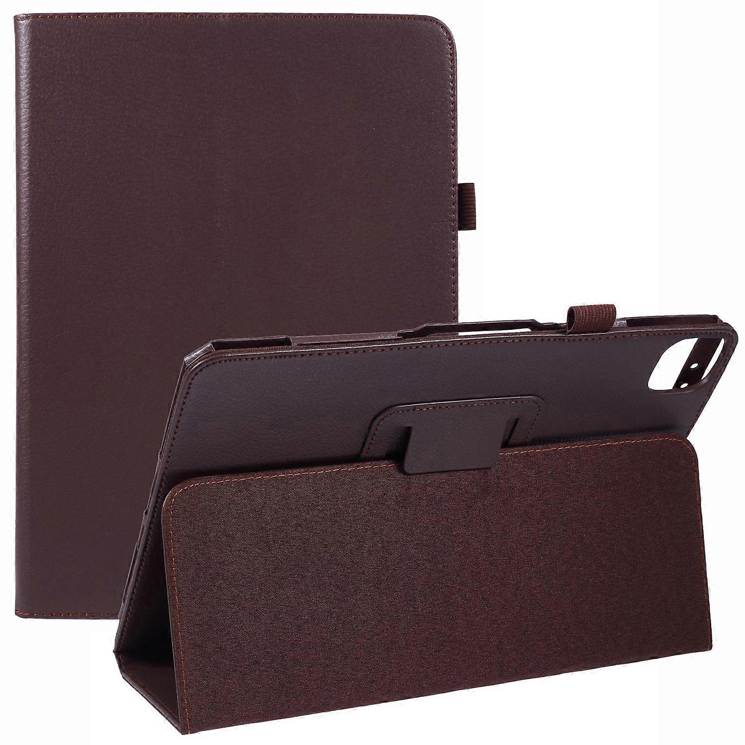 For iPad Air 11 (2025) (2024) Case Litchi Texture Leather Tablet Cover with Bi-Fold Stand - Brown