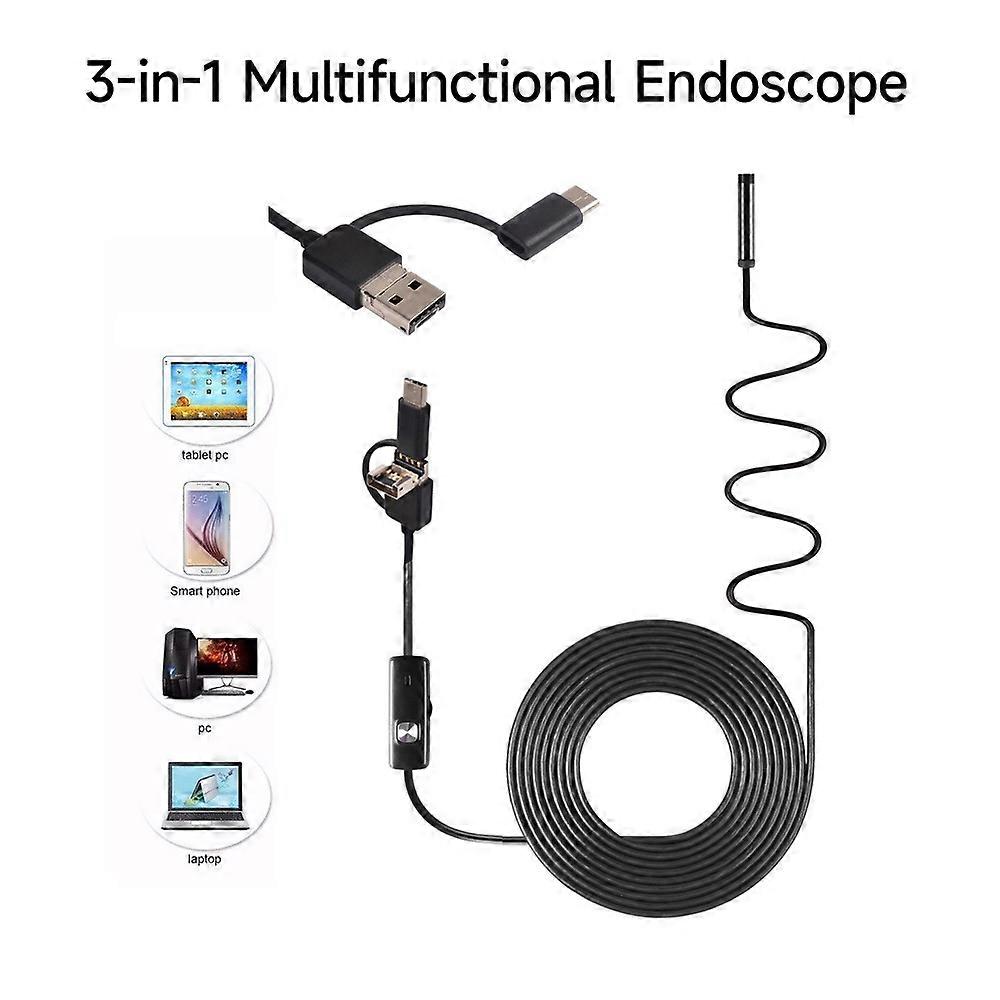 3-in-1 Mobile Phone Endoscope Type-C+Micro USB+USB Endoscope 6 Adjustable LED Lights 8mm Camera 1280*720 Resolution IP67 Waterproof