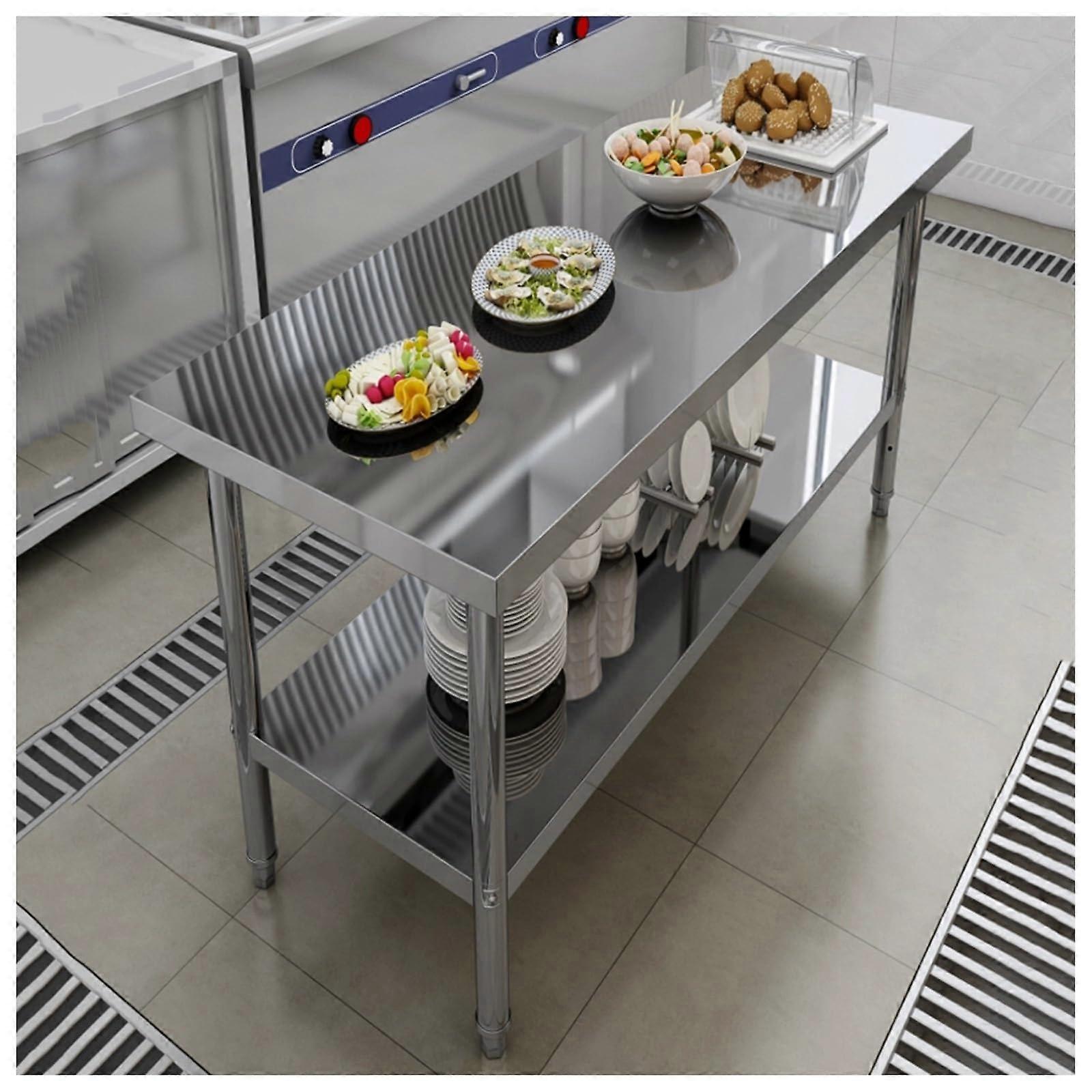 Double Stainless Steel Workbench, 80x30x70 cm, Adjustable Levels, Open Storage Rack, Commercial Preparation Table