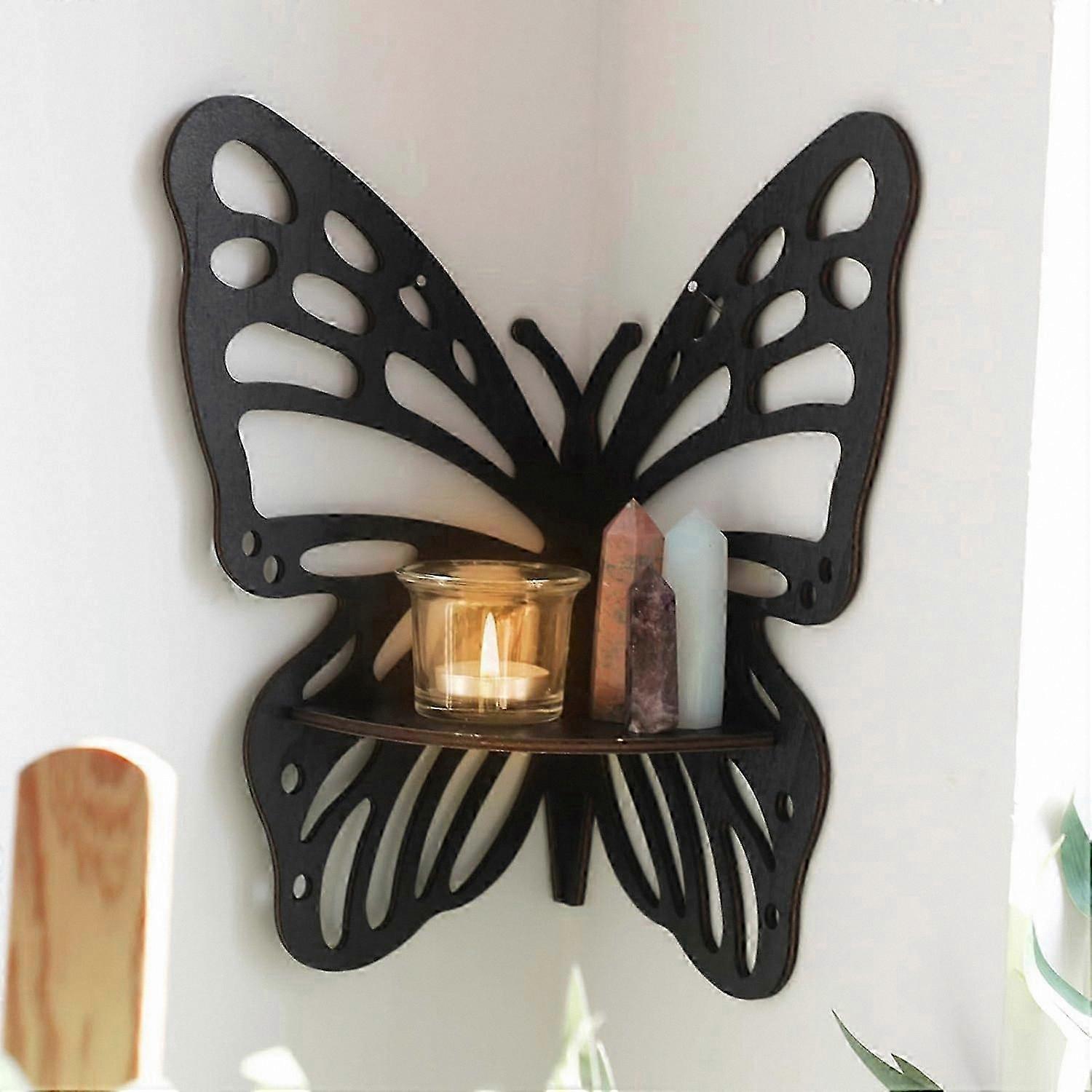 Wooden Wall Corner Shelf with Butterfly Design, Floating Crystal Display Shelf for Home Decor