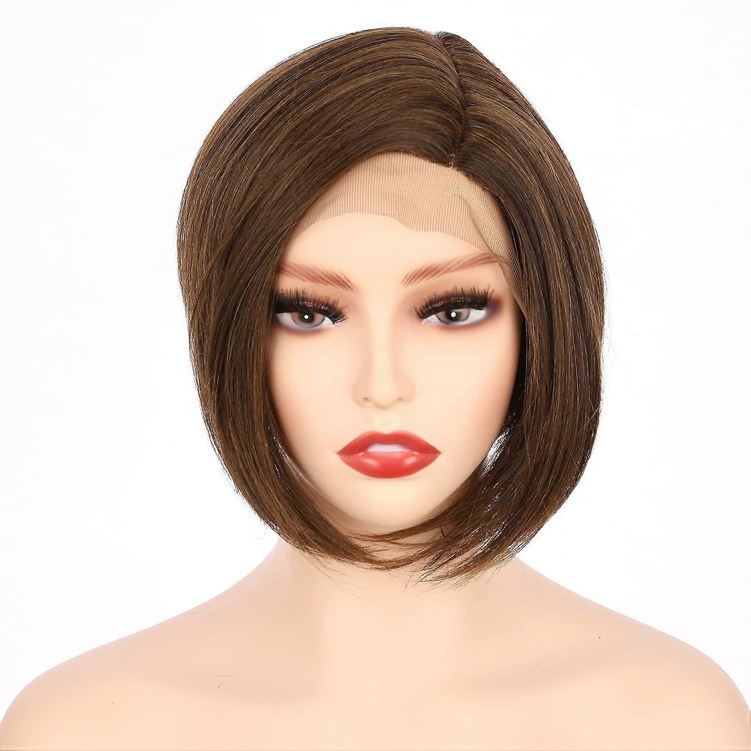 8 Inch Angled Layers Lace Front Wig Relaxed Straight Wig (Medium Brown Evenly