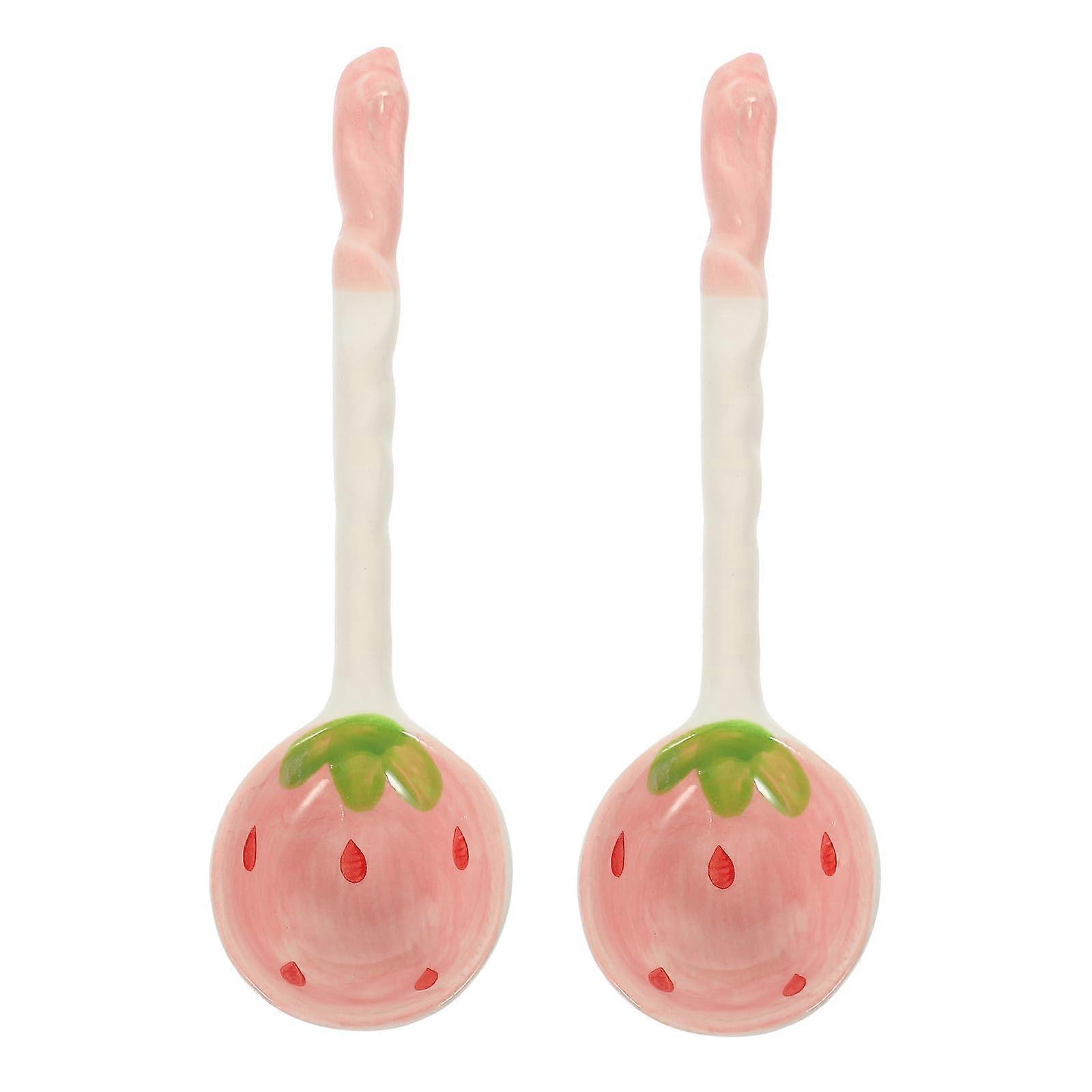 Strawberry Spoons Ceramic Large LongHandle Serving Spoons 2Piece Set For Soup Rice Salad Beans Cereal Dessert Cake