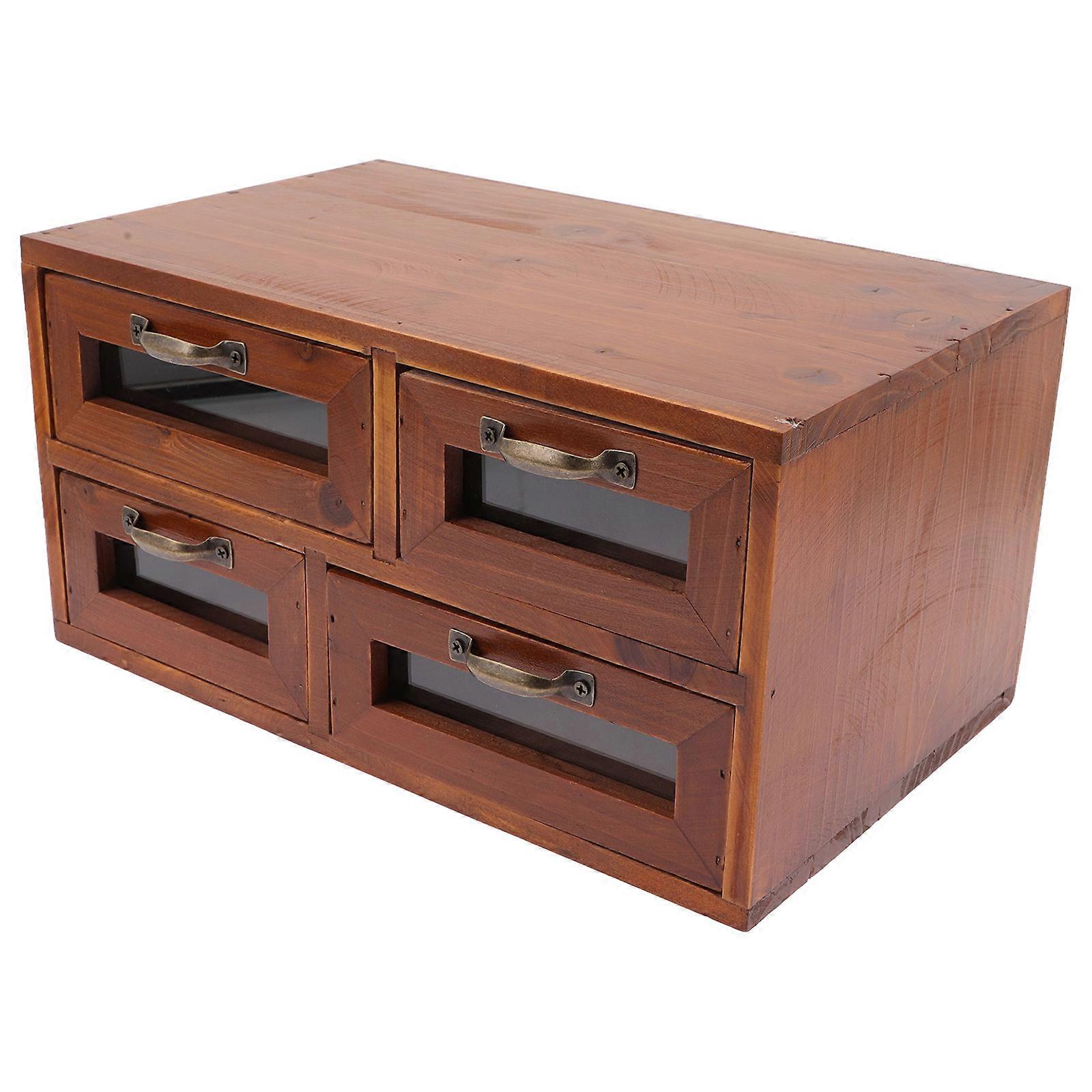 Makeup Storage Case Retro Cosmetics Box Drawer Style for Table Accessories Brown Wood Table Organization 1Set