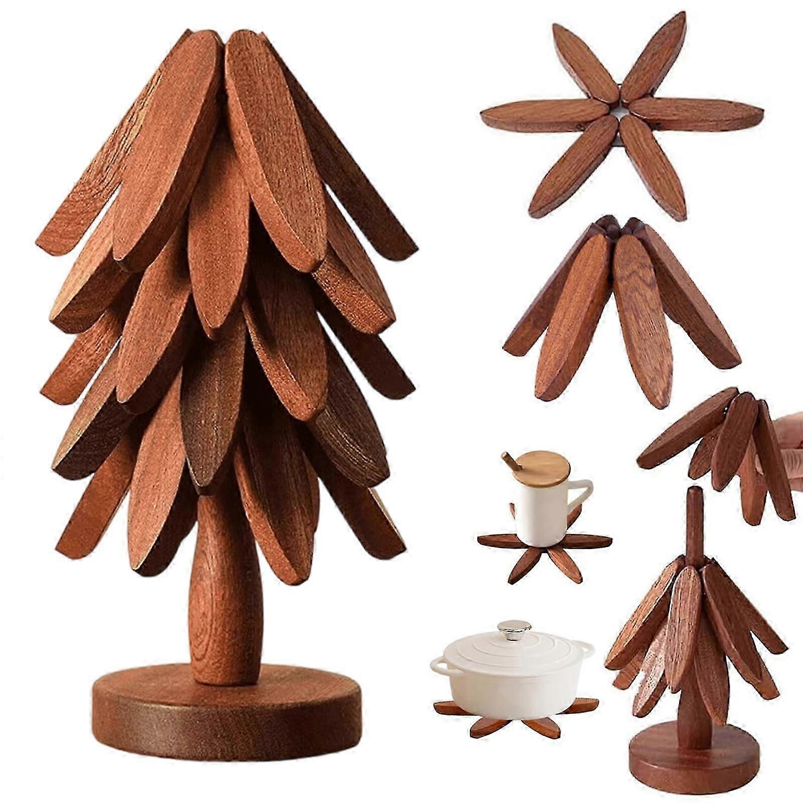 ​​Foldable Walnut Wood Tree Trivet Set with Storage Stand​​, Heat Resistant Kitchen Coasters for Hot Pots, Bowls & Teapots 25-26