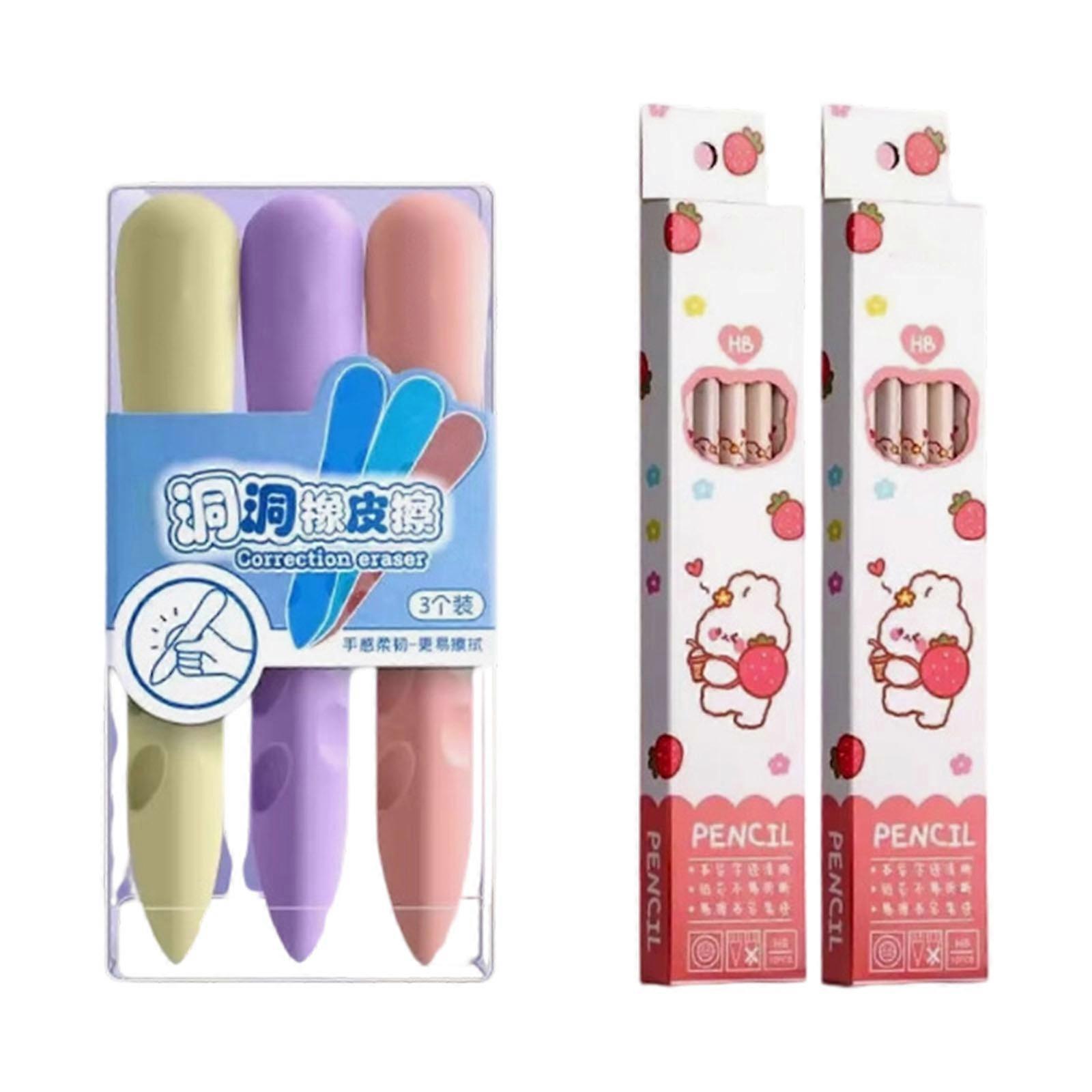 Erasers and Pencils Writing Correction Set 3 Abrasive Erasers Pencils With Ergonomic Design For Extended Study Multicolor