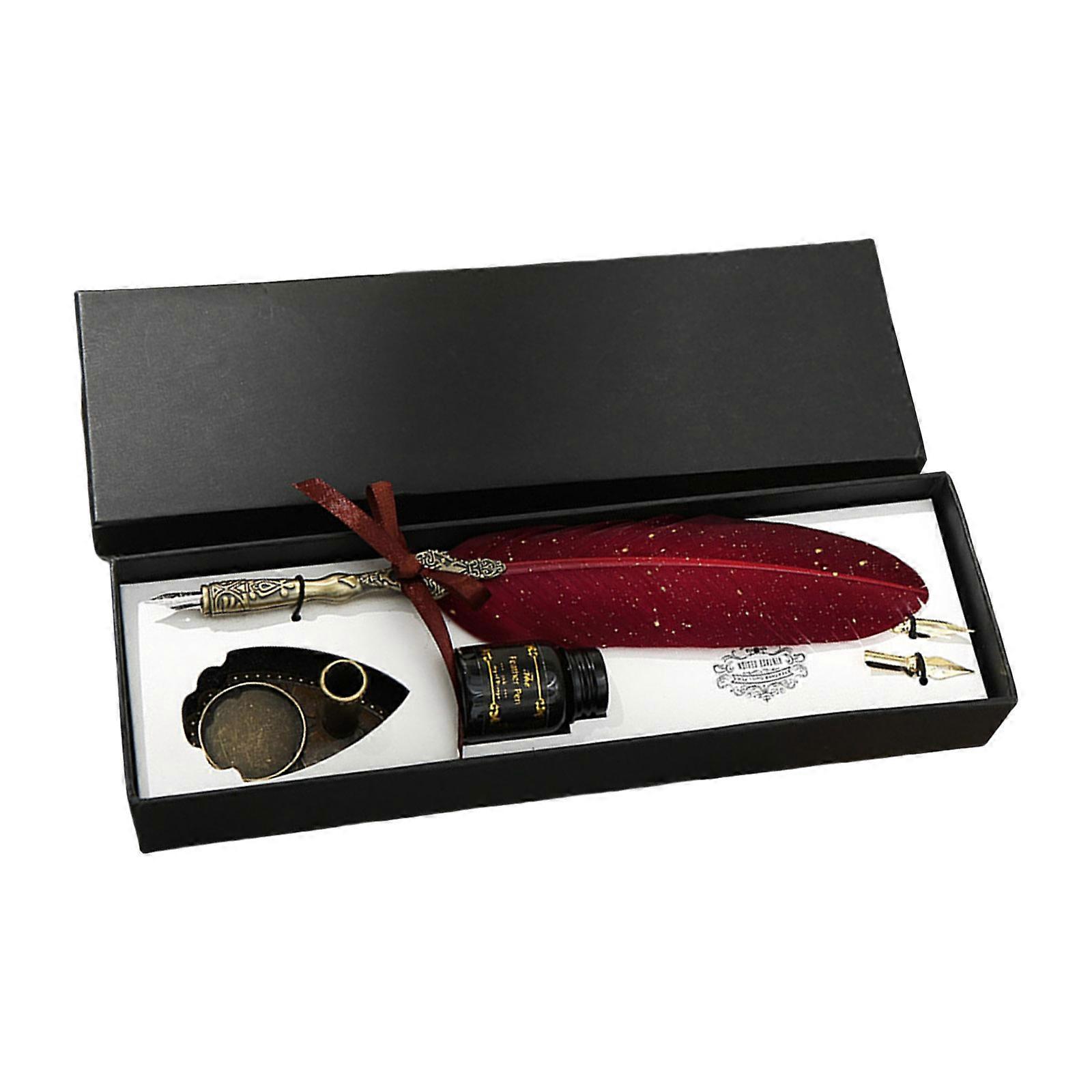 Feather Pen with Ink and Steel Tip, Quills Pen, Handmade Quills Feather Pen Set, Calligraphy Writing Quills Pen with Ink  wine red