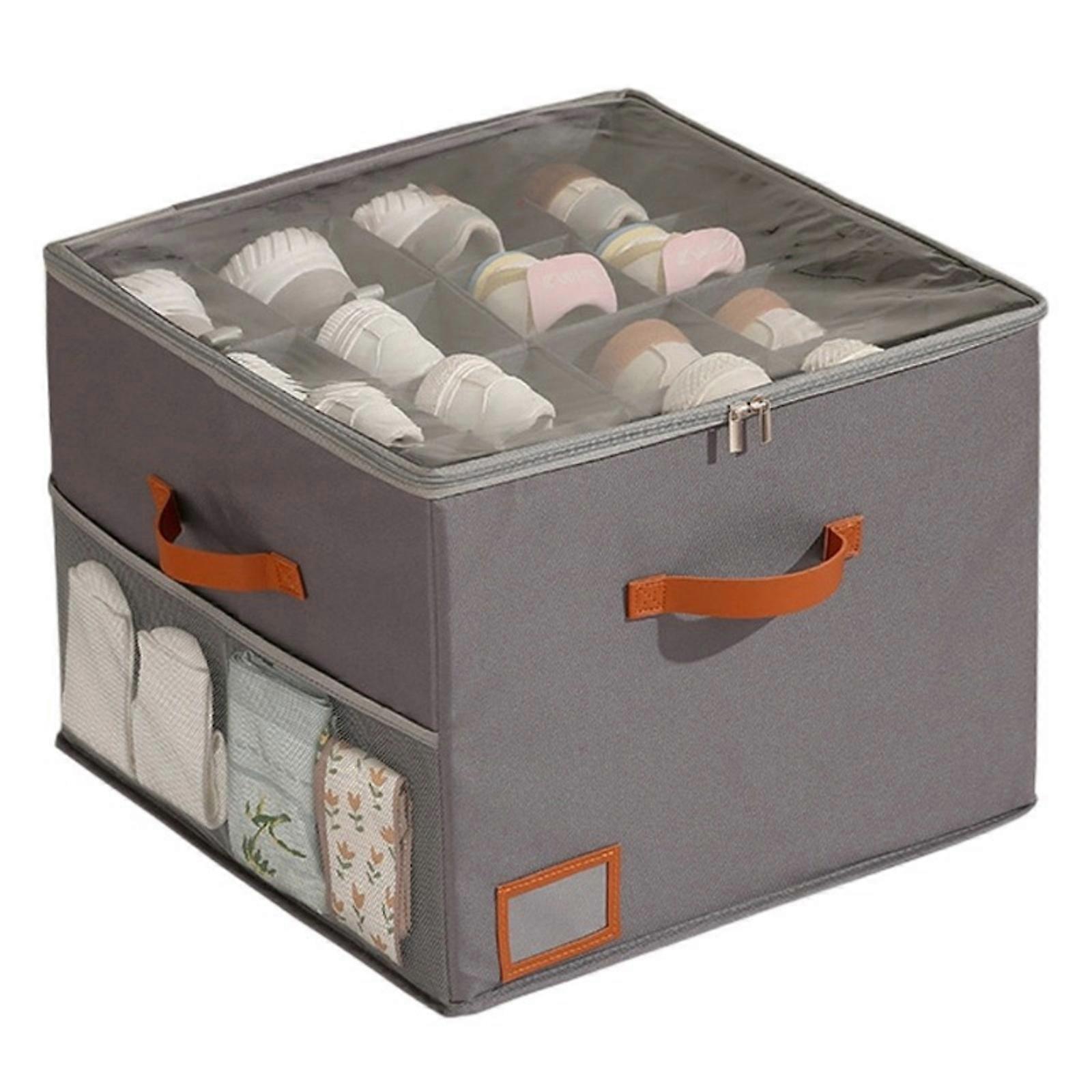 Foldable Fabric Shoe Organizers With Clear PVC Window Compartment Storage Container for Clutters Control  grey