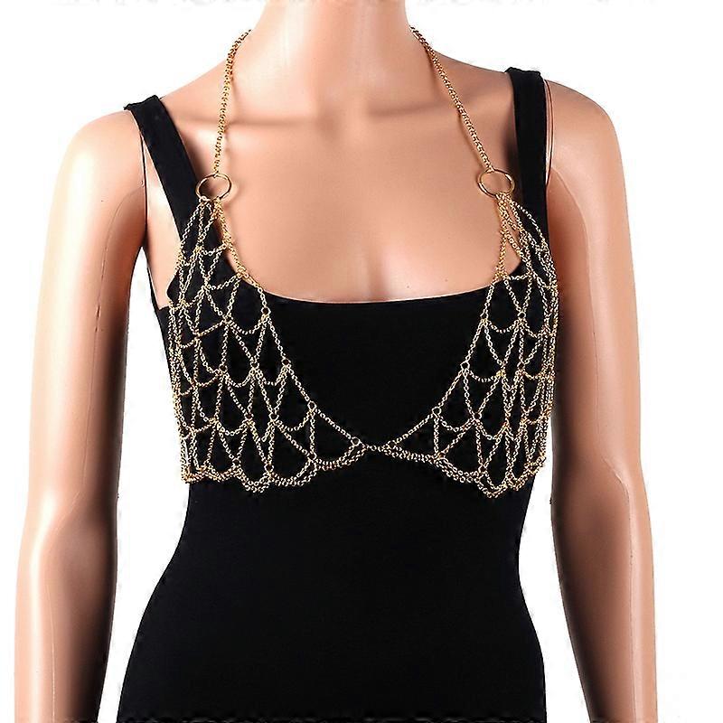 Sexy Mesh Gold Body Chain Jewelry for Women Festival Music Chain Bra Cosplay Wear
