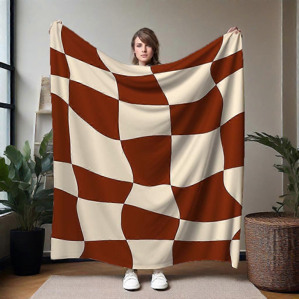 Retro Wavy Checkerboard Flannel Blanket - Soft Flannel All-Season Throw with Brown & White Checkerboard Pattern, Contemp-QAZXC56