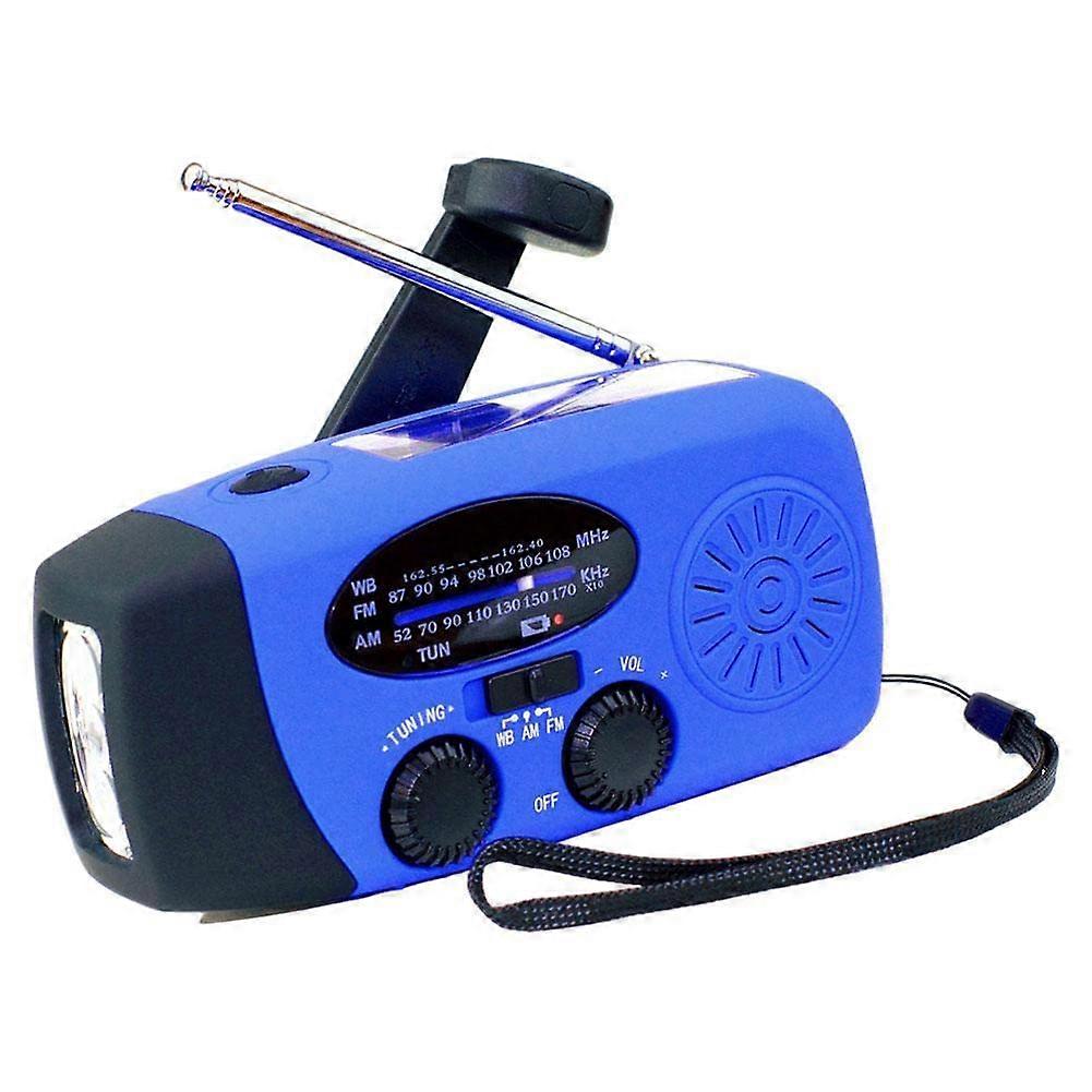 Portable Solar Radio AM/FM Weather, SOS Alarm, Hand Crank Dynamo, Rechargeable USB Charger, LED Torch, Blue