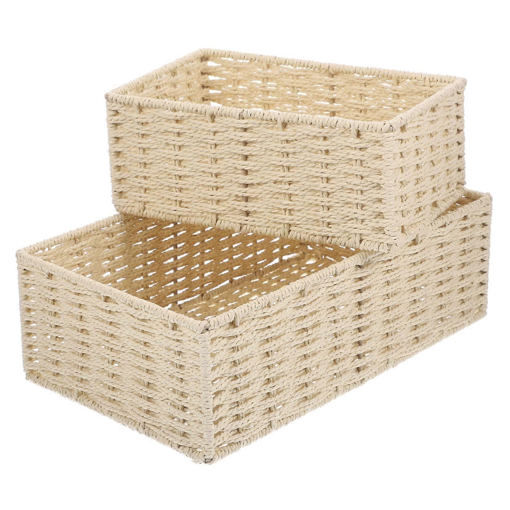 2pcs Woven Storage Baskets Small Medium Rustic Paper Rope Organizer with Durable Iron Frame for Home Office