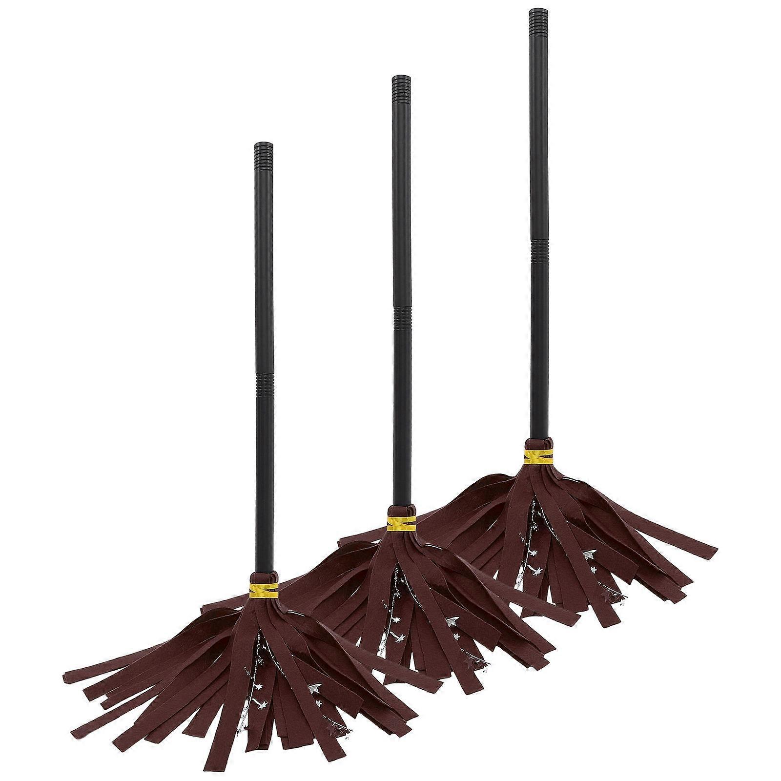Brown Witch Broom Plastic Halloween Prop for Decor 3Pcs Cosplay
