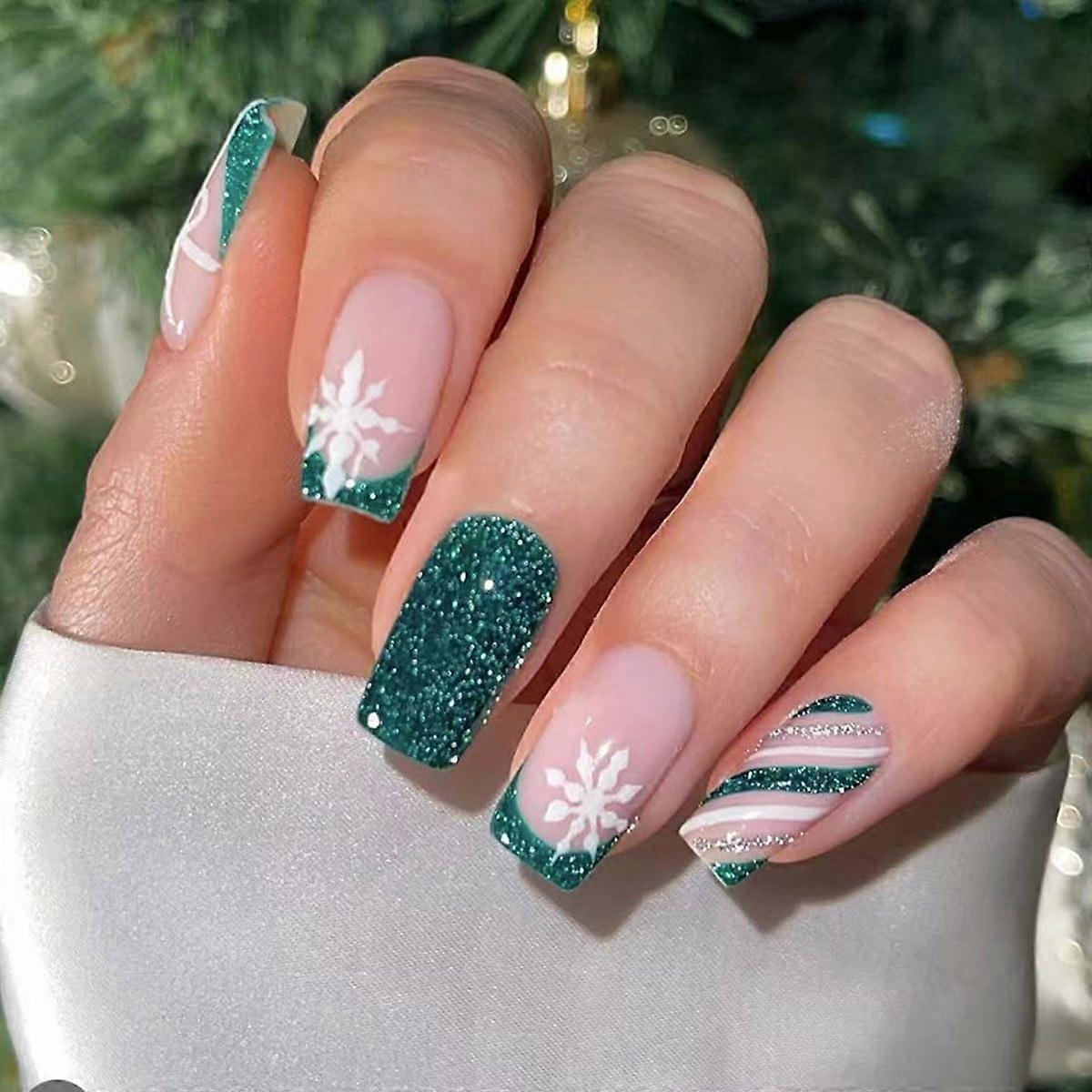 Christmas Press On Nails Short Square Olive Green Glitter