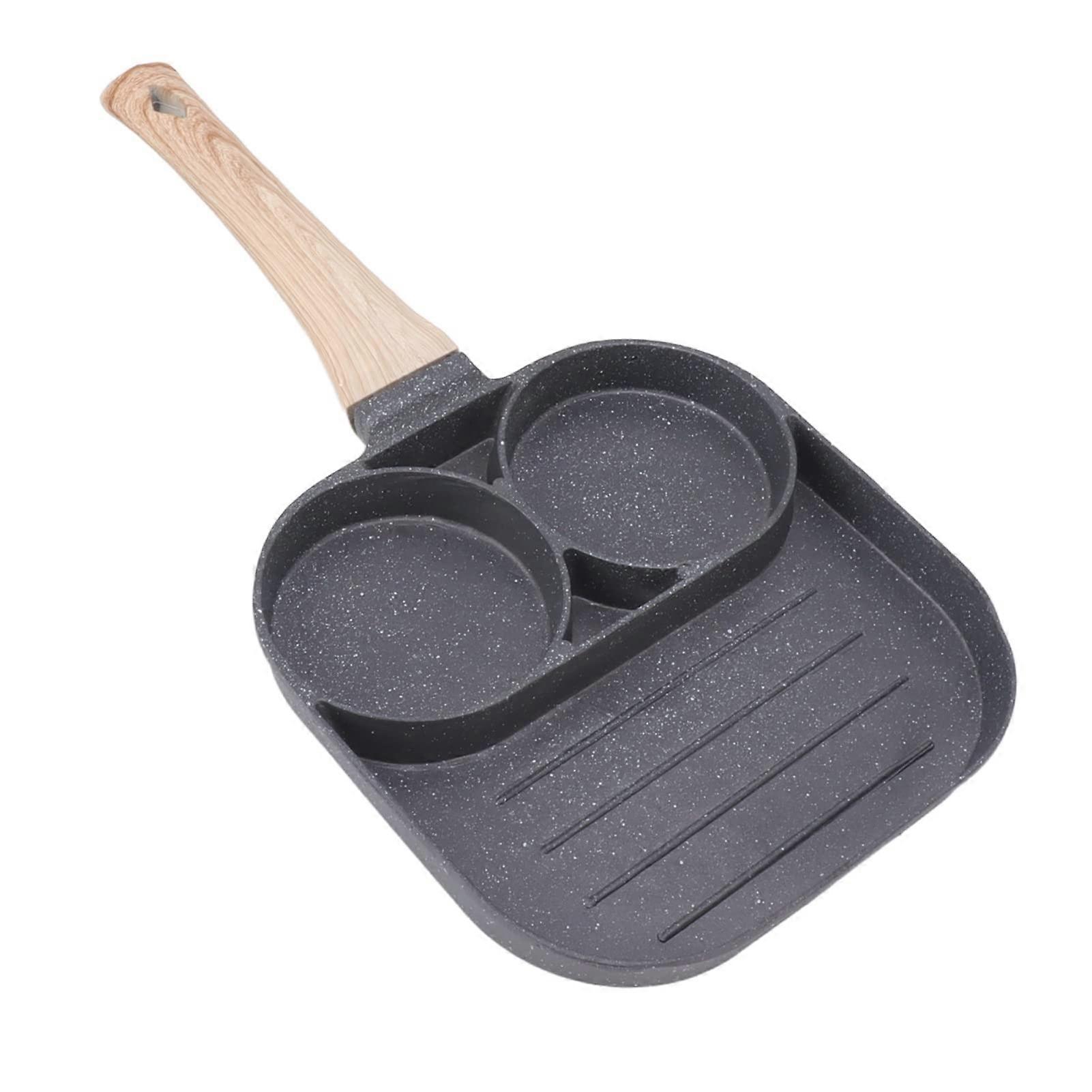 Non Stick 3 Section Frying Pan with Wooden Handle for Fast Heating Egg Breakfast Cooking