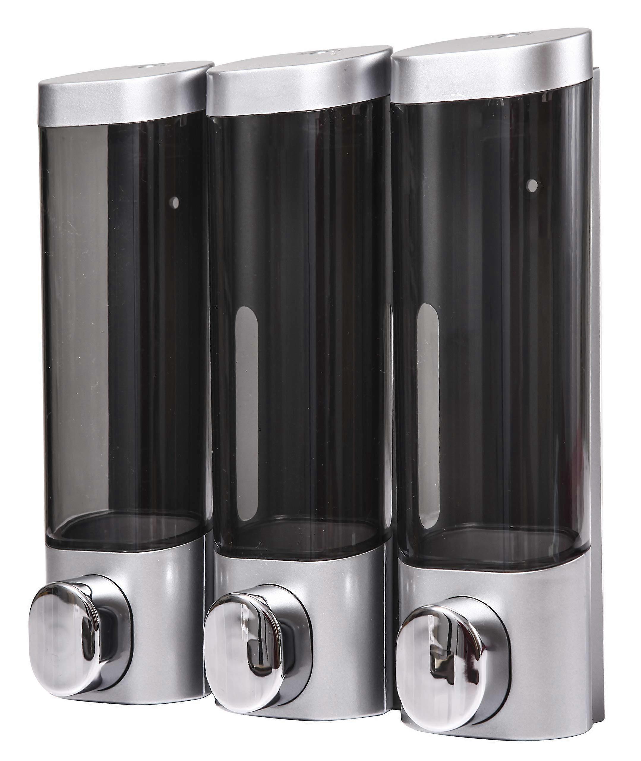 3 Chamber Wall Mounted Shower Soap Dispenser Silver Clear Chambers Easy Push 300ml Capacity