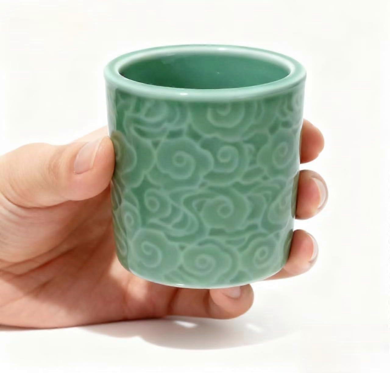 Ceramic Tea Cup Set with Elegant Cloud Pattern, Sage Green Glaze, Traditional Celadon Mini Cups