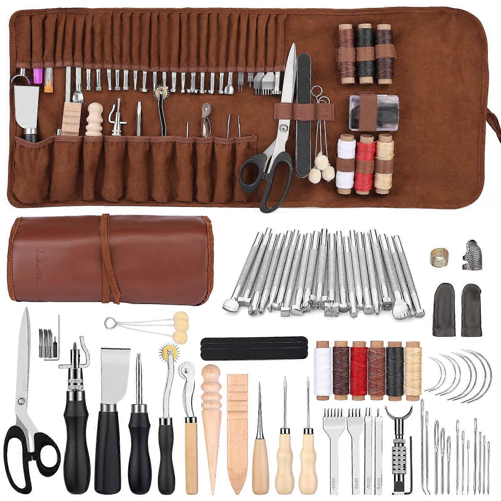 Leather Working Tools Set with Carving, Stamping and Sewing Tools, Complete Leather Craft Kit with Storage Bag