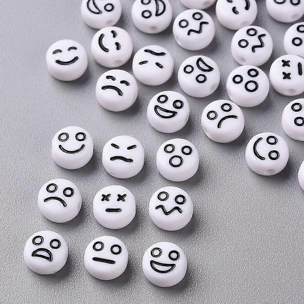 Opaque White Acrylic Beads Flat Round with Black Random Expression 7x4mm Hole: 1.6mm