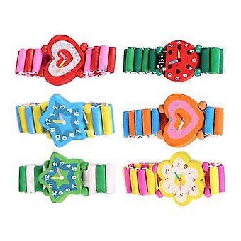 6pcs Wooden Craft Cartoon Simulation Wristwatches Bracelet Watch Stationery for Srudents Children (Random Color)