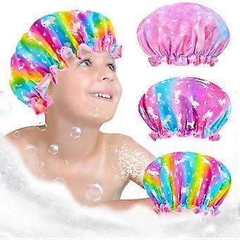 3-Piece Children's Shower Cap Set, Double-Layer Waterproof Shower Cap, Women's Cap for Long, Short, and Curly Hair