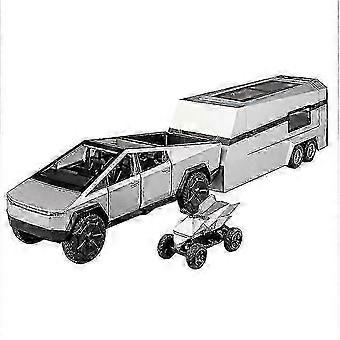 Tesla Cybertruck Pickup Trailer RV Model with Off-Road Motorcycle Realistic Alloy Car Model Set