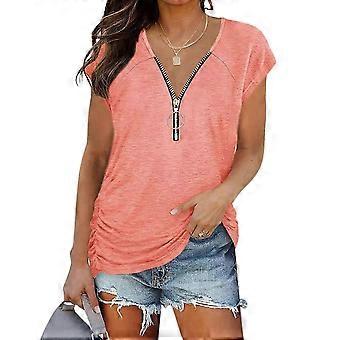 Women Summer Raglan Short Sleeve Solid Color Tunic Shirt Casual Loose Zipper Front V-Neck Side Shirring Blouses Tops Pink XXL